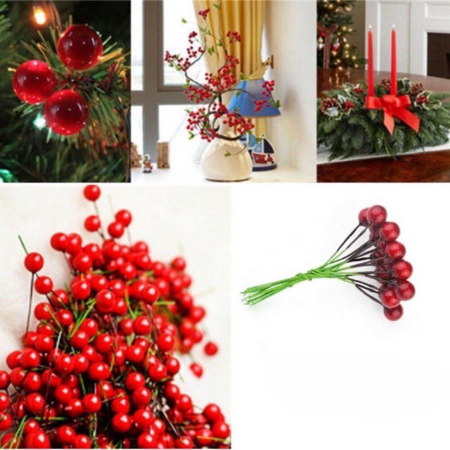 6pcs/pack Christmas Artificial Flower Fruit Cherry Christmas Pearl