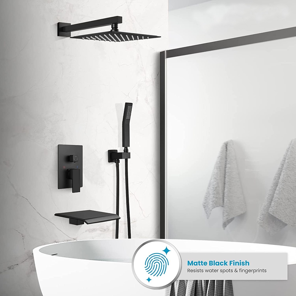 Matte black rainwater mixer shower faucet set ultra wide waterfall