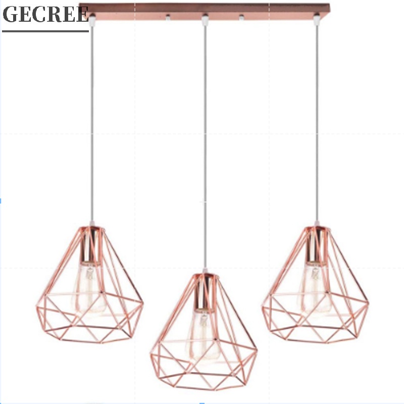 Gecree Pendant Light Rose Gold Metal Diamond Chandelier Three Head