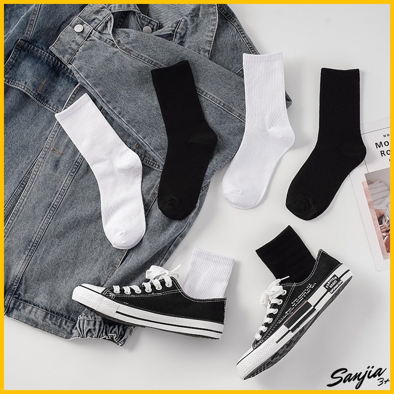 Korean White/Black Socks High Cut Socks Plain Solid Color Long Unisex