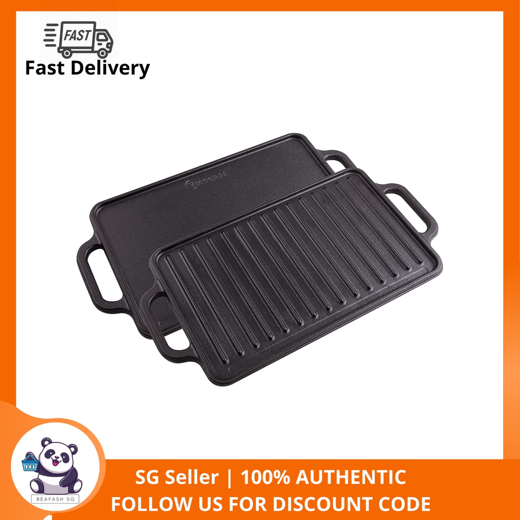 VICTORIA GDL189 Rectangular Cast Iron Double Burner, Reversible Griddle Grill Seasoned with 100