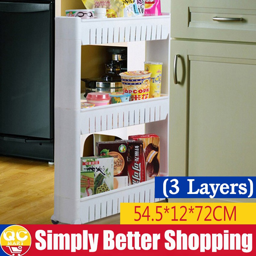Kitchen Storage Rack Fridge Side Shelf 3 Layers Removable With Wheels