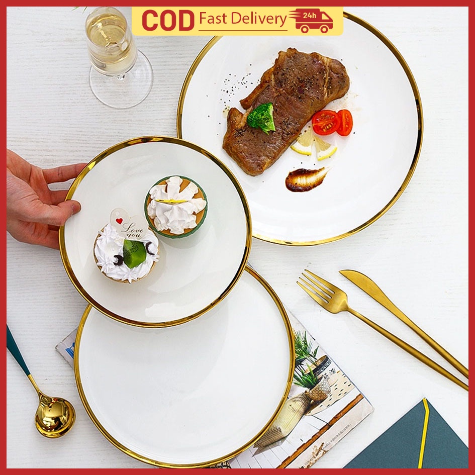 Ceramic Plate Nordic White Ceramic Dinner Salad Plate Western Steak Plate Gold Plated Plate