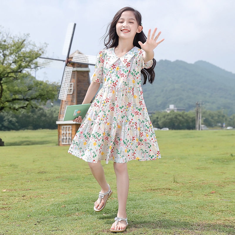 Girls Dress 4 Girls Cotton Short Sleeve Floral Dress 6 Korean Version