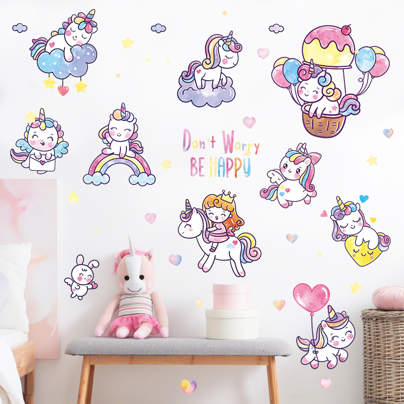 Cartoon Unicorn wall sticker children's room girl's heart bedroom door