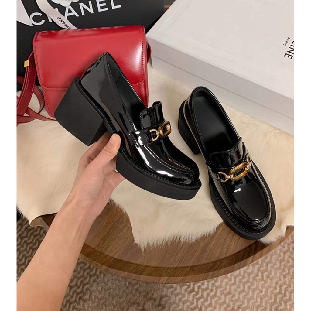 Metal buckle thick soled loafer shoes women's high heels British style small leather shoes mary