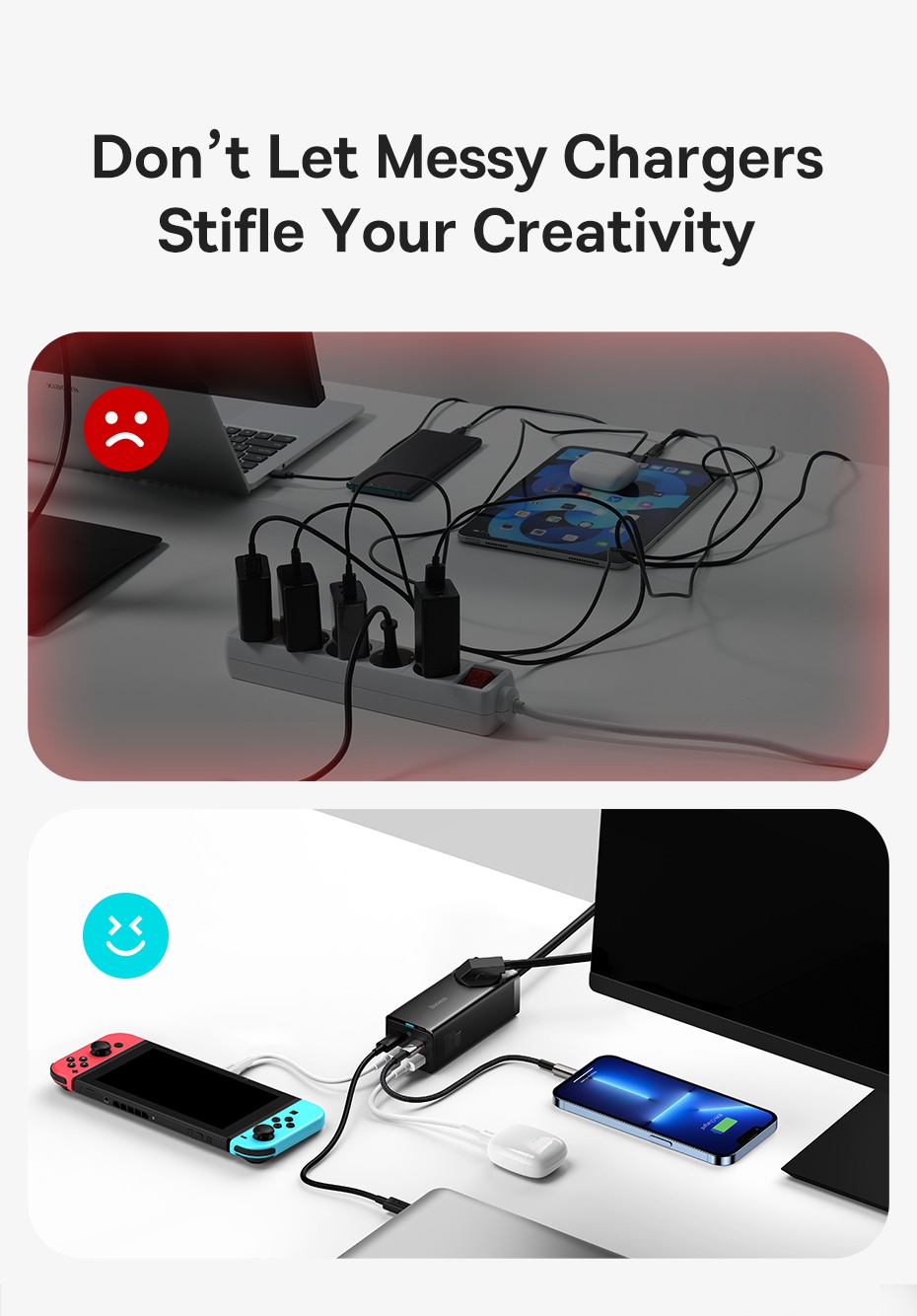 Baseus 100W GaN3 Pro Desktop Charger Power Strip Patchboard PD QC Fast