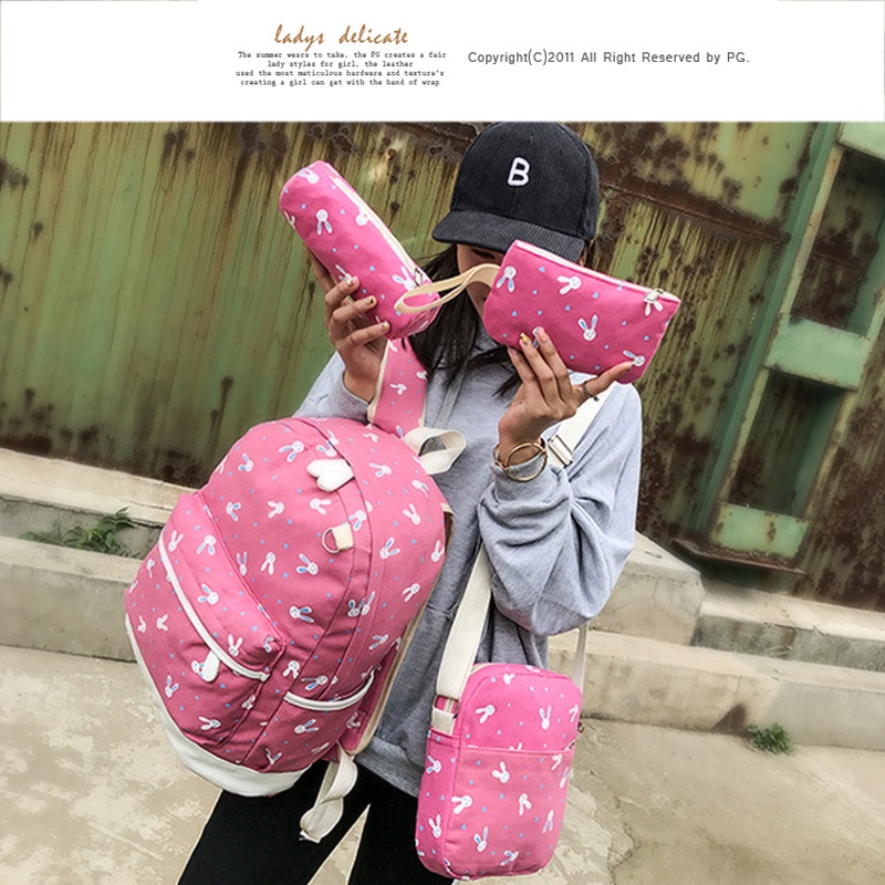 Korean Fashion 4 in 1 Bag Korea Backpack Rabbit Canvas 4in1Set Bags