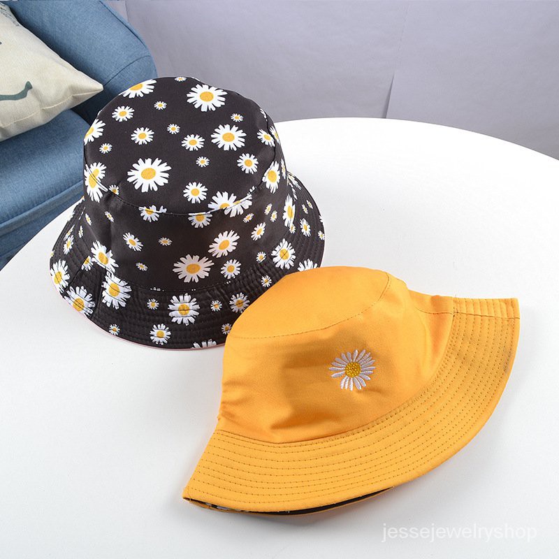 Daisies Embroidered Buckets Hat Cow Women Transparent Lace Flower Beach