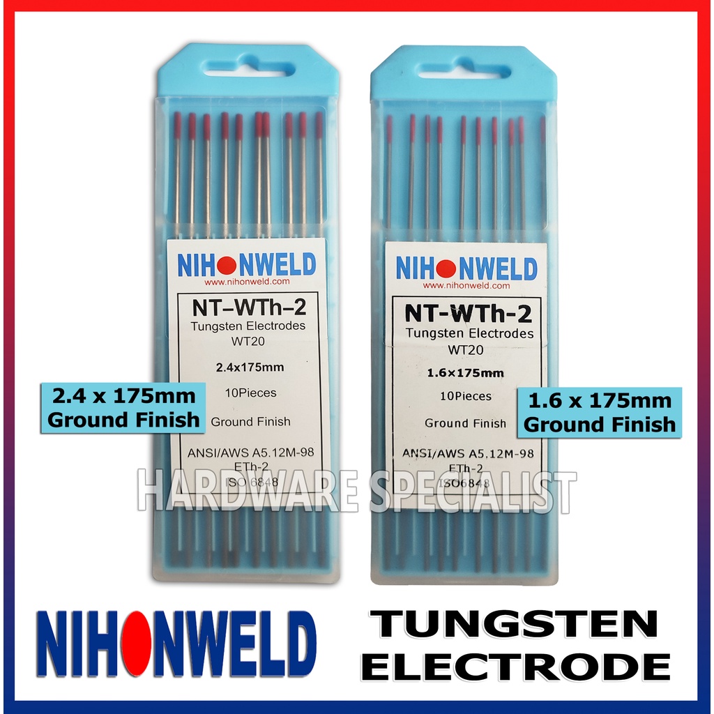 Nihonweld Tungsten Electrodes WT20 Ground Finish 10PCS 1.6mm OR 2.4mm