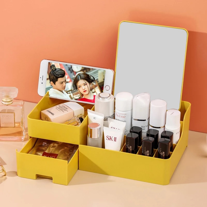 Makeup Desk Organizer with Drawers - Countertop With Mirror for