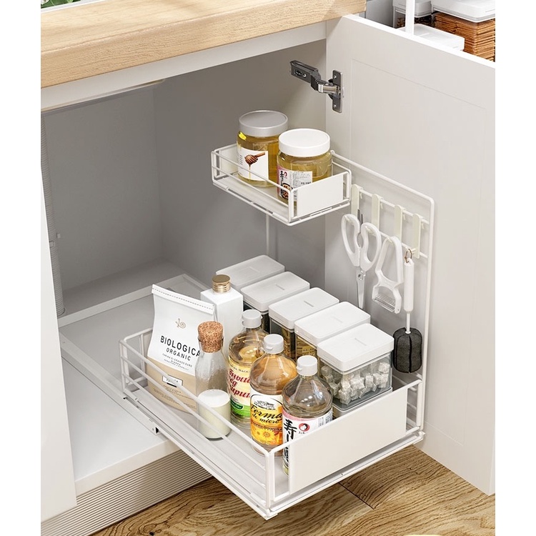 Sink pullout shelf under side pull rail, multifunction spice rack, drawer slide, kitchen