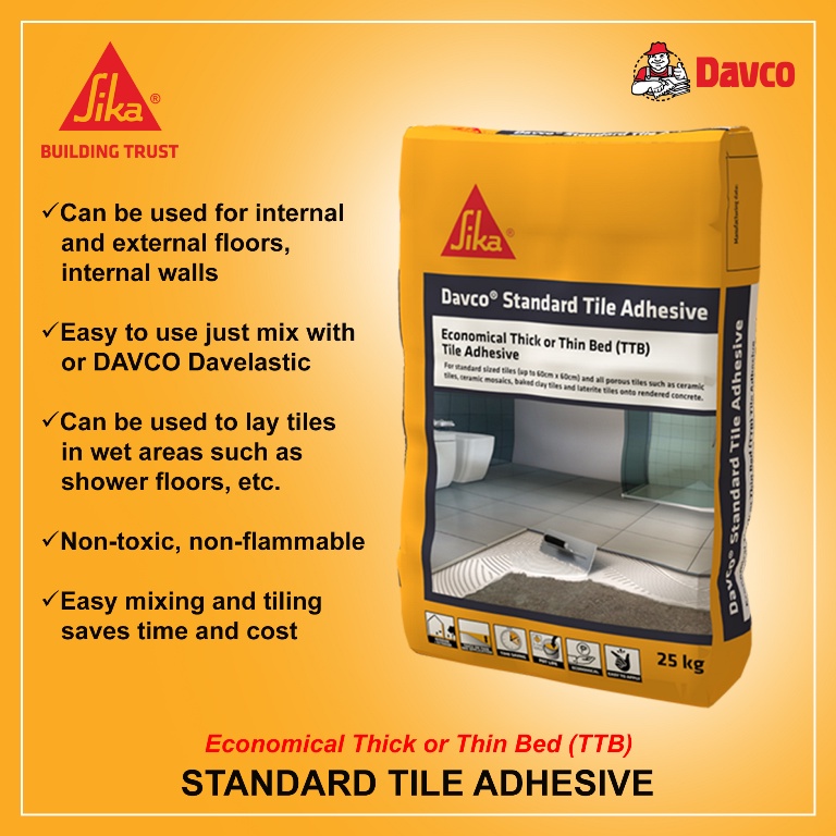 Sika Davco Standard Tile Adhesive 25KG Ceramic Tiles Quarry Interior