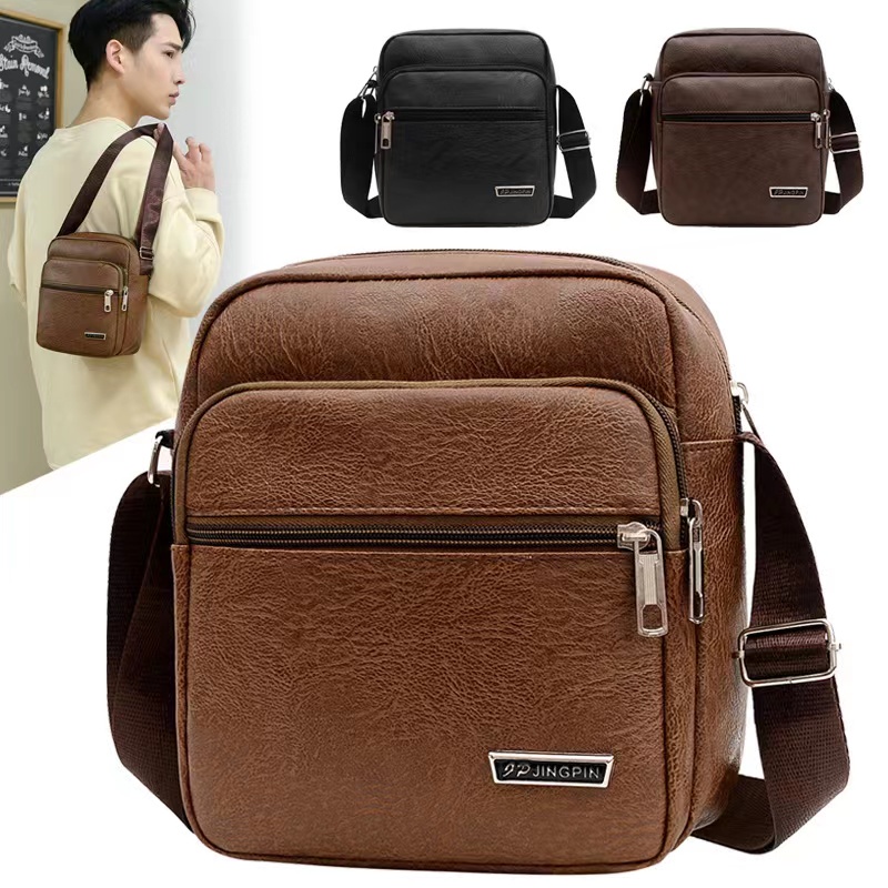 Yvon Simply Leather Cross body Shoulder Sling bag for man 4zippers