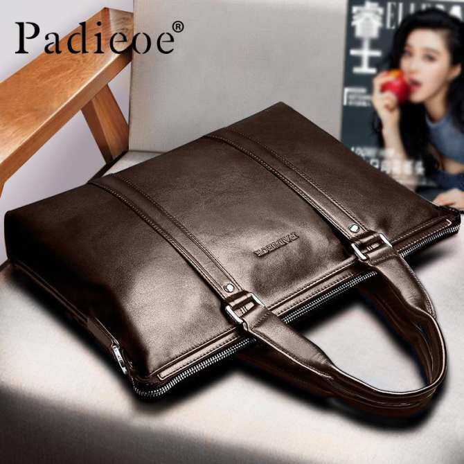 Padieoe Men Business Bag Genuine Cow Leather Briefcase Laptop Youth Bag Tote Handbags Black 15