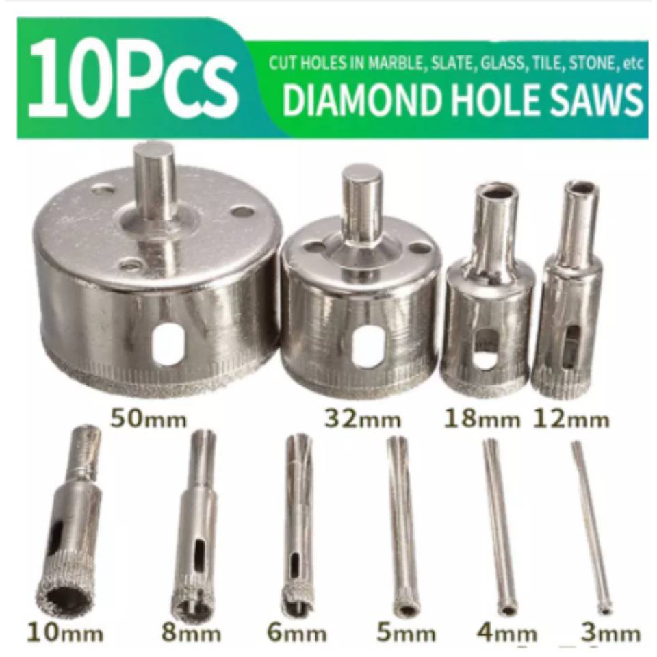 JK 10Pcs Diamond Hole Saws Drill Bit Saw Set Cut Holes In Tile Ceramic