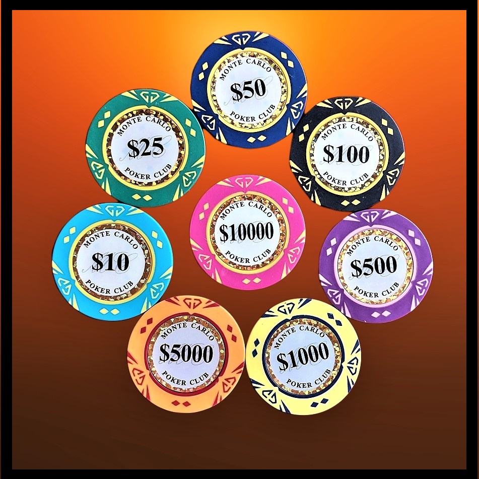 5 Pcs. Monte Carlo Poker Chips 14g with Gold Inlay High Quality