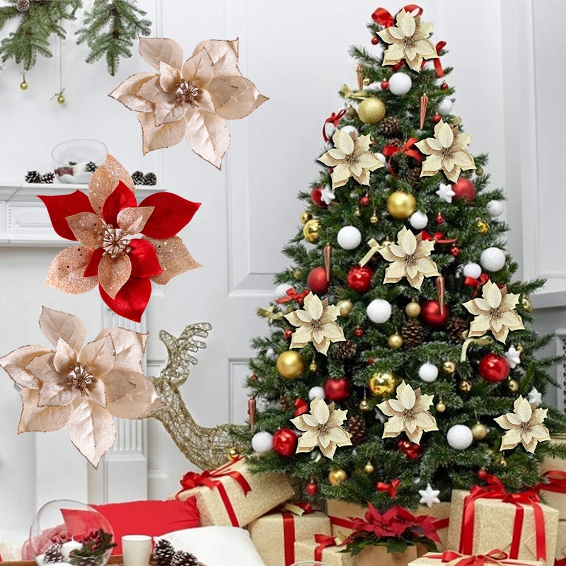 Poinsettia Flowers for Christmas Tree / Fancy Bloom Decor / Glitter