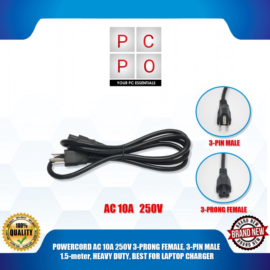 POWERCORD AC 10A 250V 3PRONG FEMALE, 3PIN MALE, 1.5meter, HEAVY DUTY