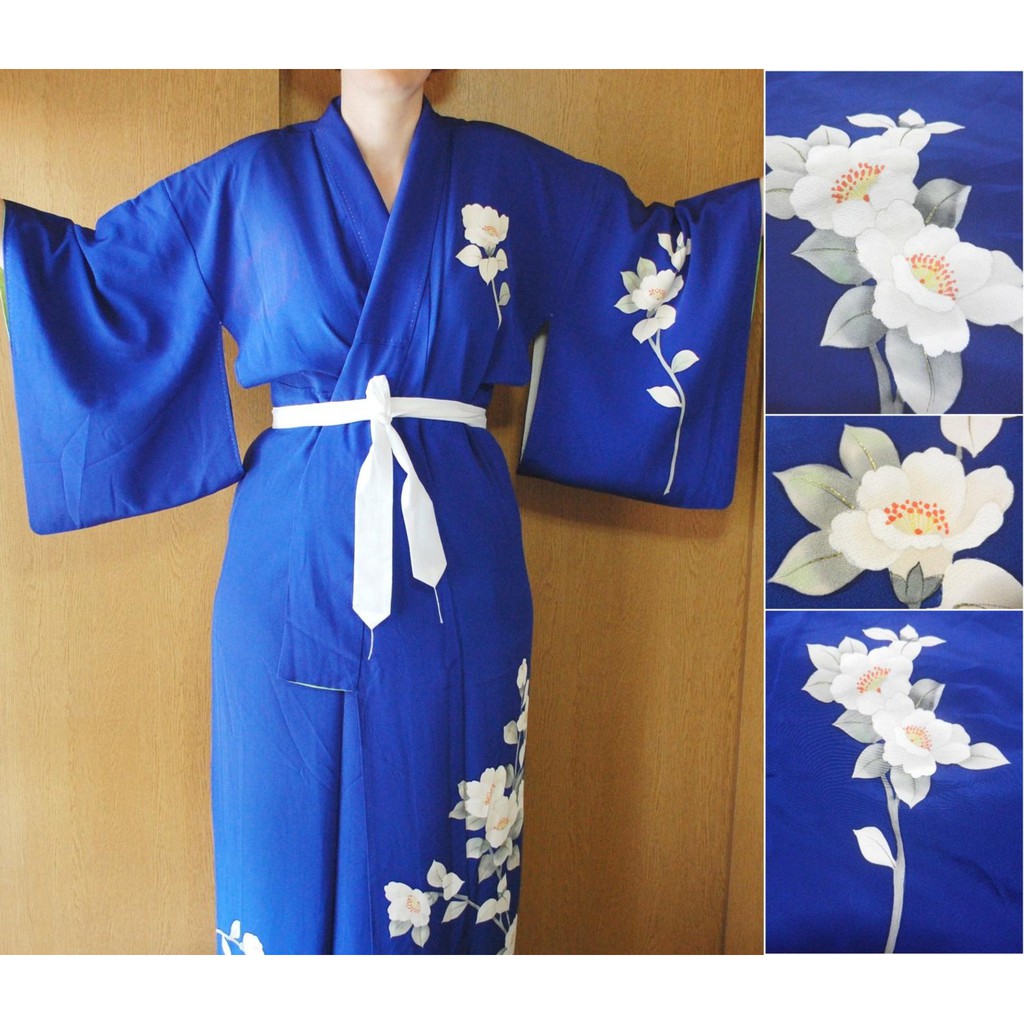 Vintage Vivid Blue White Lily Flower Kimono Japanese Robe Shopee