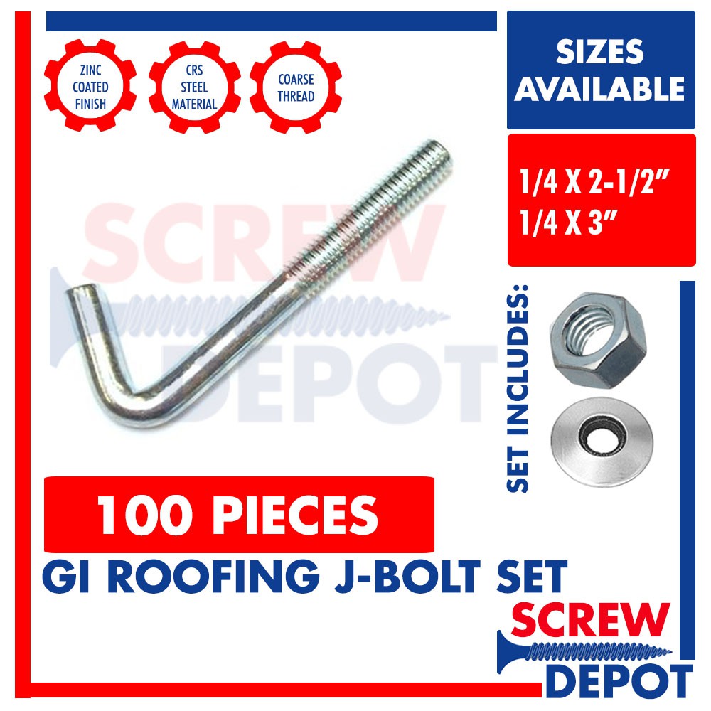 100PCS 1/4 x 21/2 " GI Jbolt / J Bolt Galvanized / Jbolt Roofing nut
