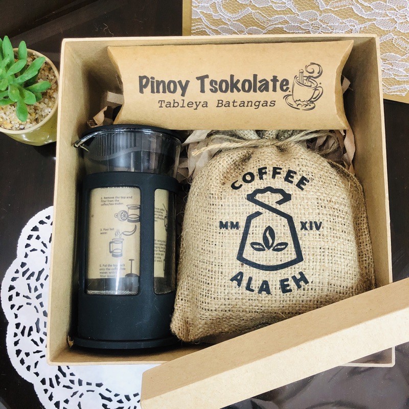 V10 French Press, tableya and coffee bag gift set Bigger bag size