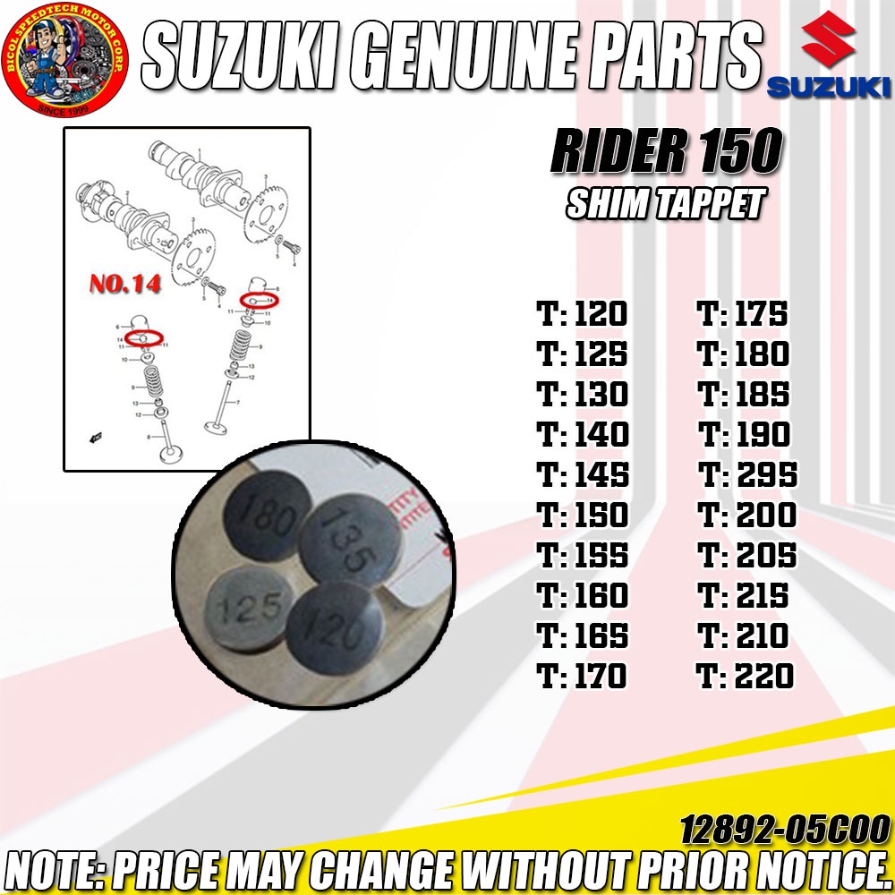 SHIM TAPPET Suzuki Raider 150 GSXS GSXR 150 600 750 1000 SV650 V