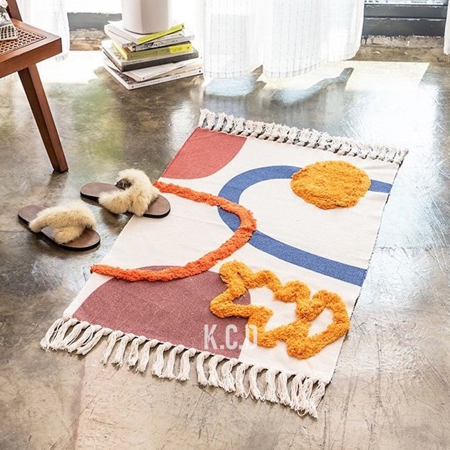 Tufted Cotton Area Rug 23''x35',Hand Chic Woven Fringe Throw Rugs