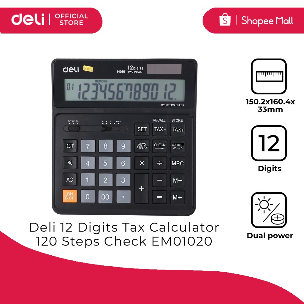 Deli EM01020 12 Digits Tax Calculator 120 Steps Check (1PC) [7528M01020
