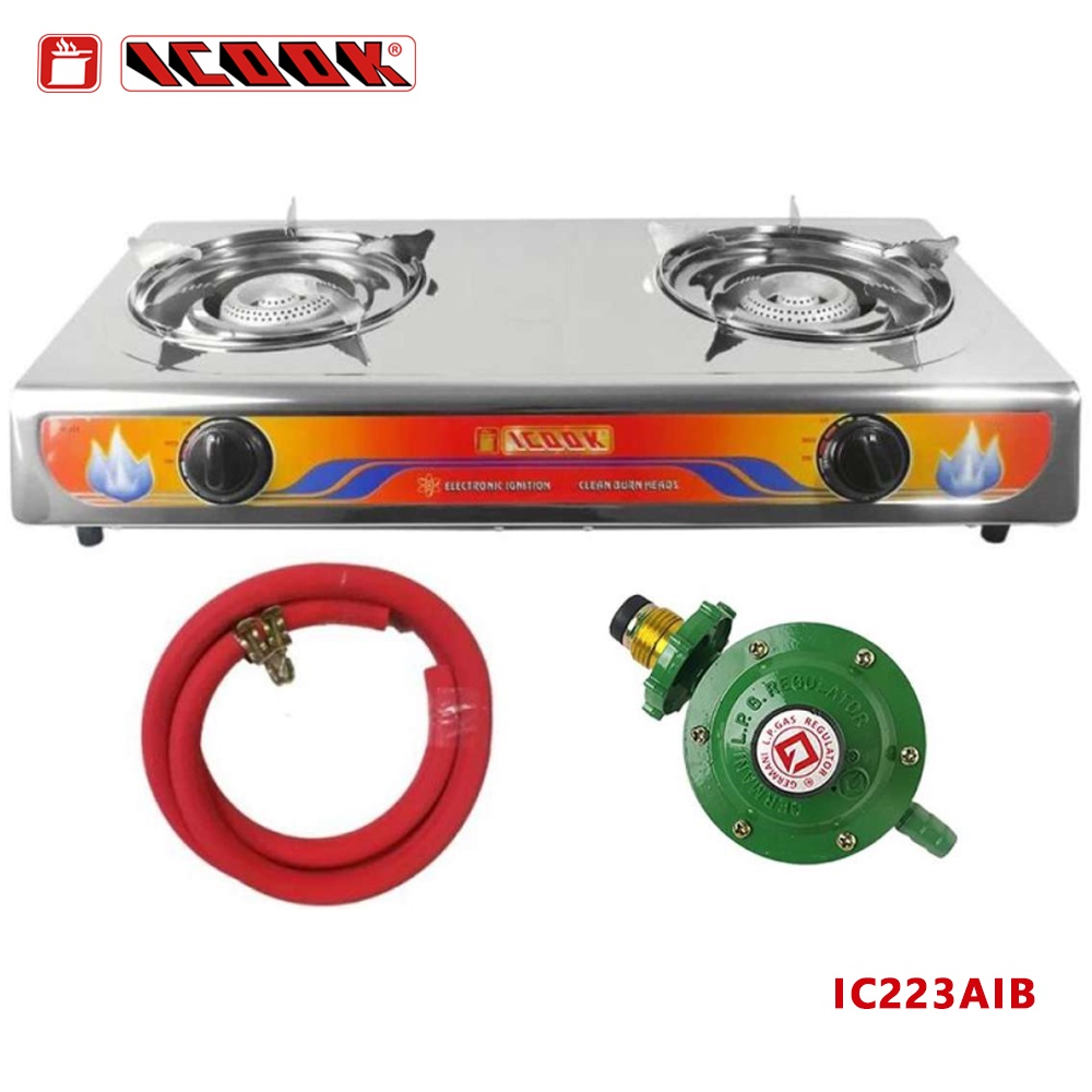 iCook Double Burner Gas Stove with LPG Gas Hose and LPG Gas Regulator IC223B168 Shopee