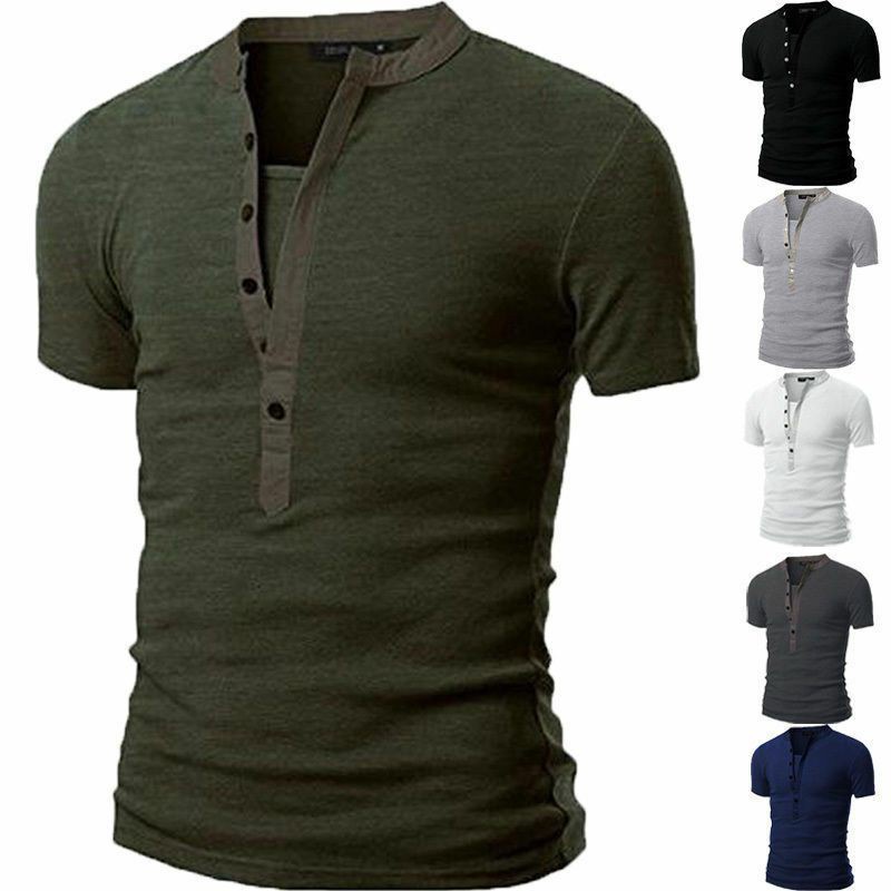 Fashion Men Slim Fit V Neck Sleeve Muscle Top Tee Button Casual Tops