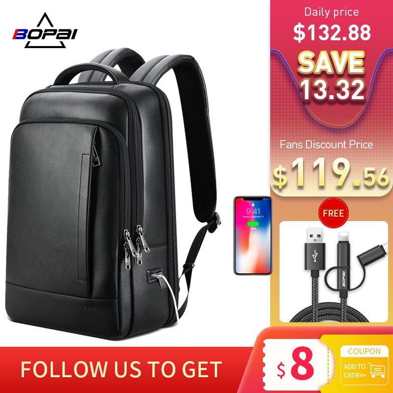 BOPAI Genuine Leather Backpack Laptop Mens Business Casual Waterproof