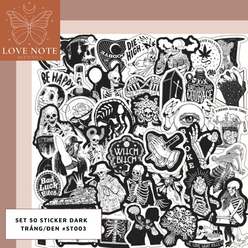 Set of 50 super cool Dark ST003 black and white stickers (no duplicate