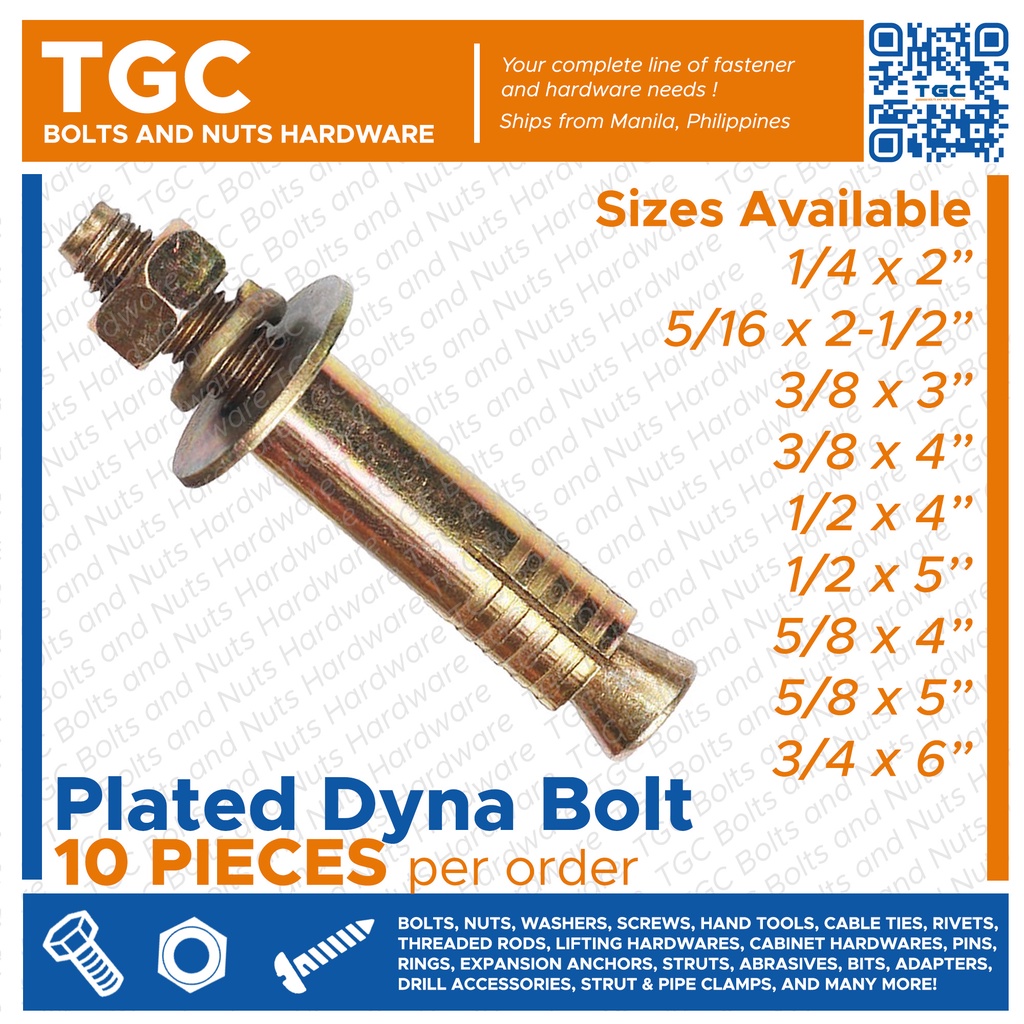 ＞TGC 10PCS Dyna Bolt 1/4 , 5/16 , 3/8 , 1/2 , 5/8 , 3/4 inches