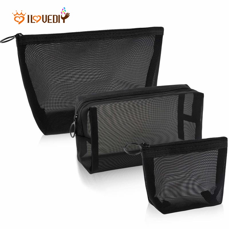 Most Popular Transparent Black Mesh Zipper Cosmetic Bag / Women
