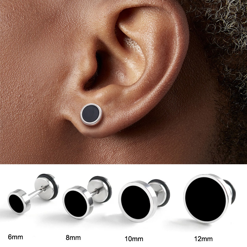 1PCS Men's Earings Titanium Steel Round Black Oil Drip Stud Earrings