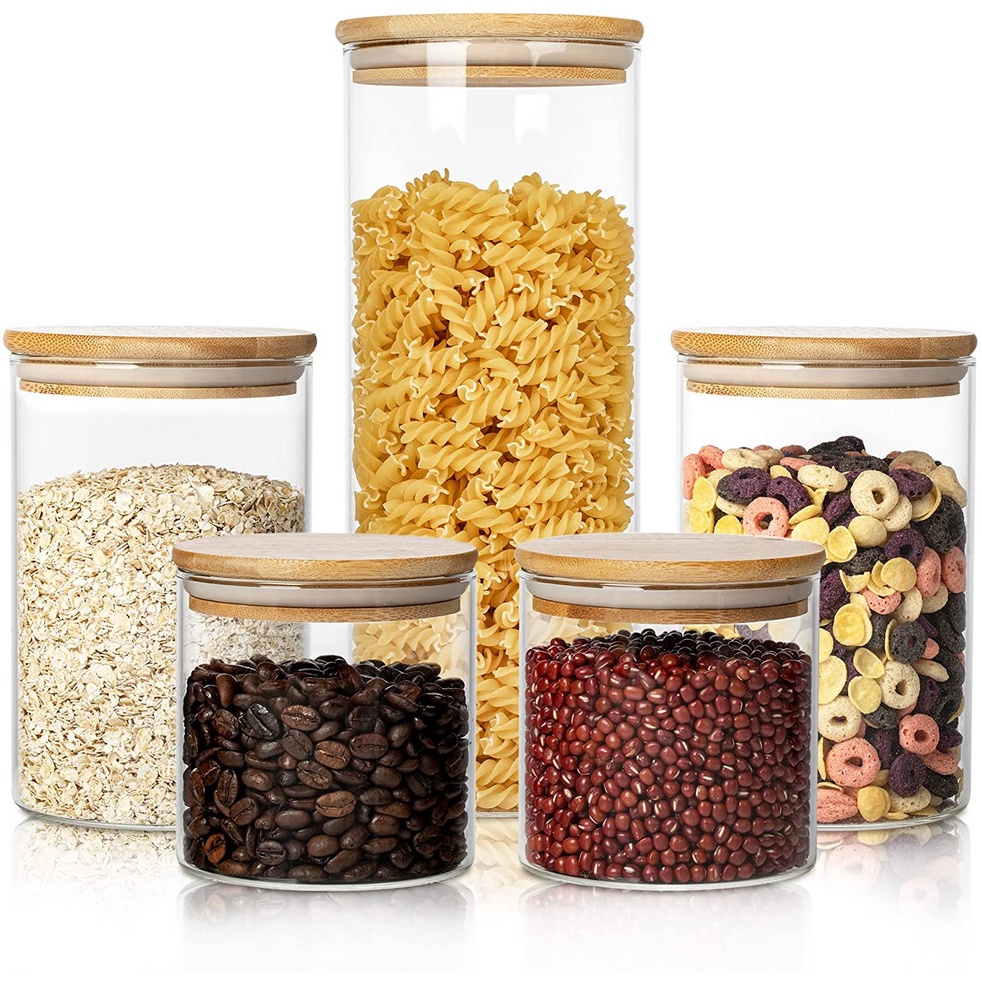 Round/Square Borosilicate Glass Canister with Sealed Bamboo Lids Air Tight Glass Storage