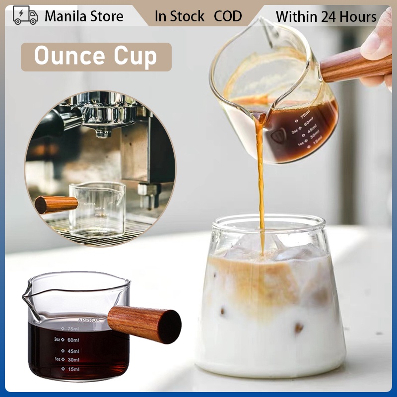 Espresso Measuring Cup With Wooden Handle Double Spouts Creamer Glass