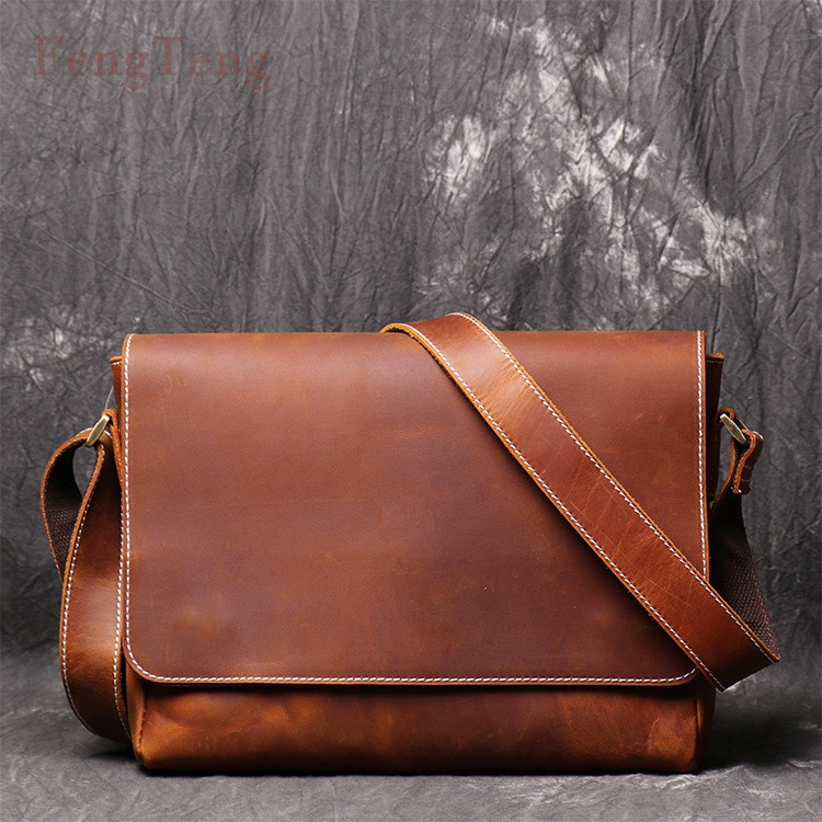 100Luxury tural Crazy Horse Leather Men Crossbody Bag Handmade Genuine
