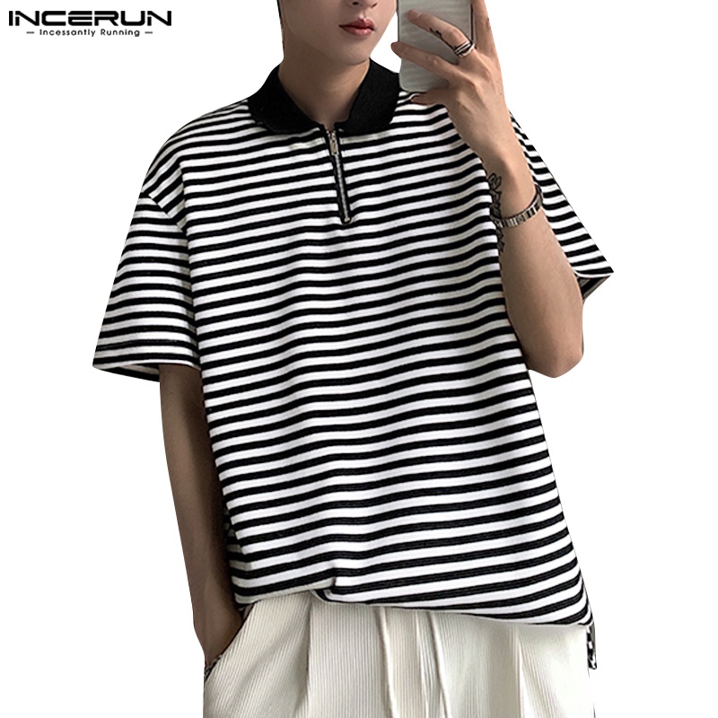 INCERUN Mens Striped Short Sleeve Zip Up Pullover Holiday Knit Polo Shirts Shopee Philippines