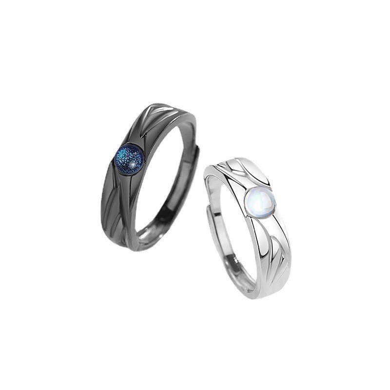 Retro Moonstone Black and White Metal Couples Rings Fashion Adjustable