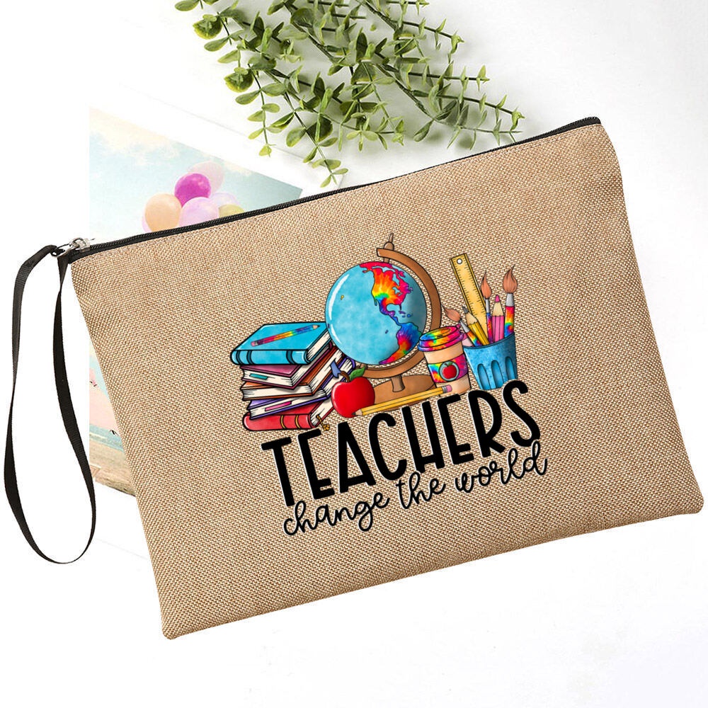 Best Teacher Ever Printed Linen Stationery Bag Cosmetic Bag Travel Toiletries Storage Pouch