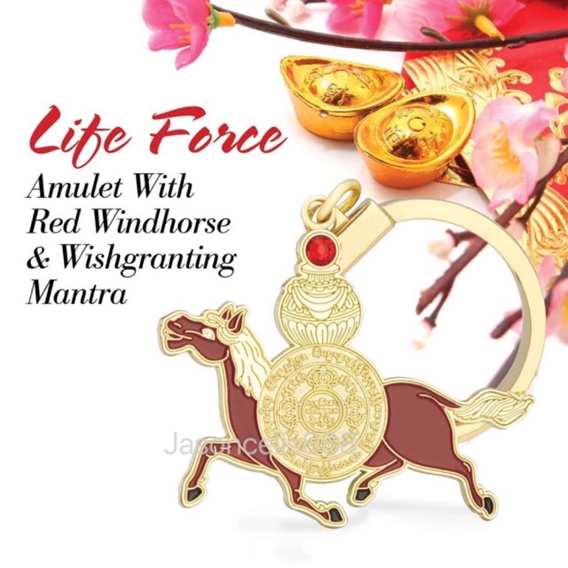 Fengshui Life Force Amulet with Red Windhorse & Wish Granting Mantra