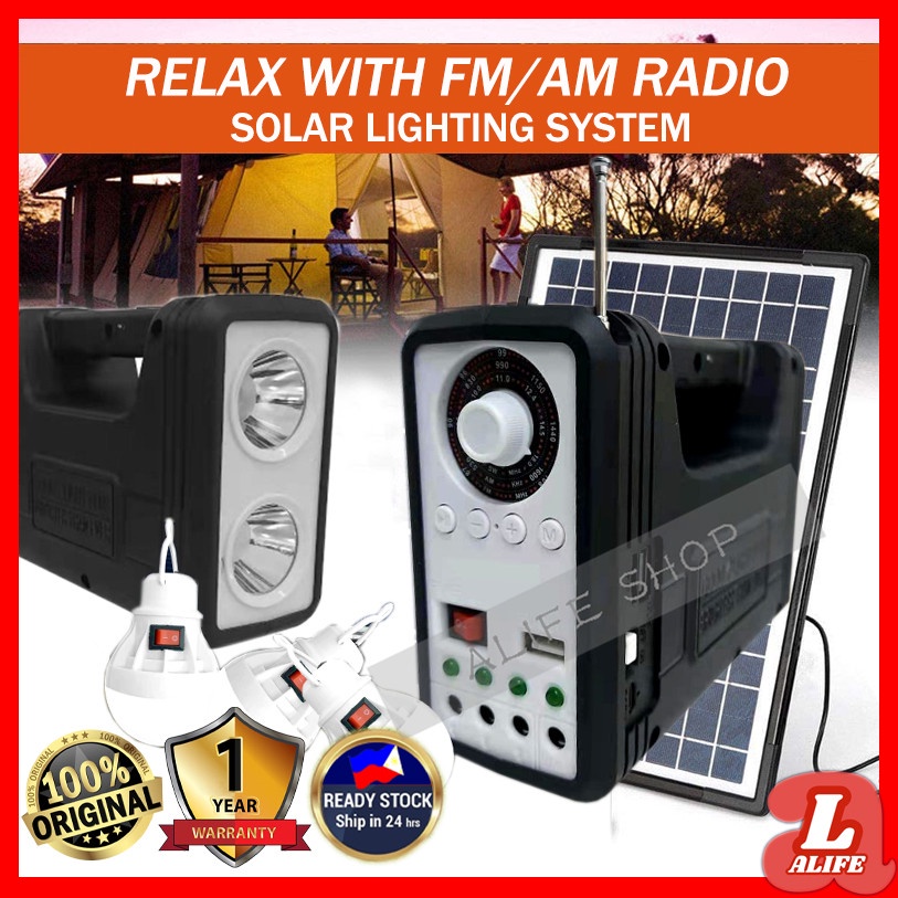 Solar panel lighting kit with 3 LED bulbs as emergency light phone