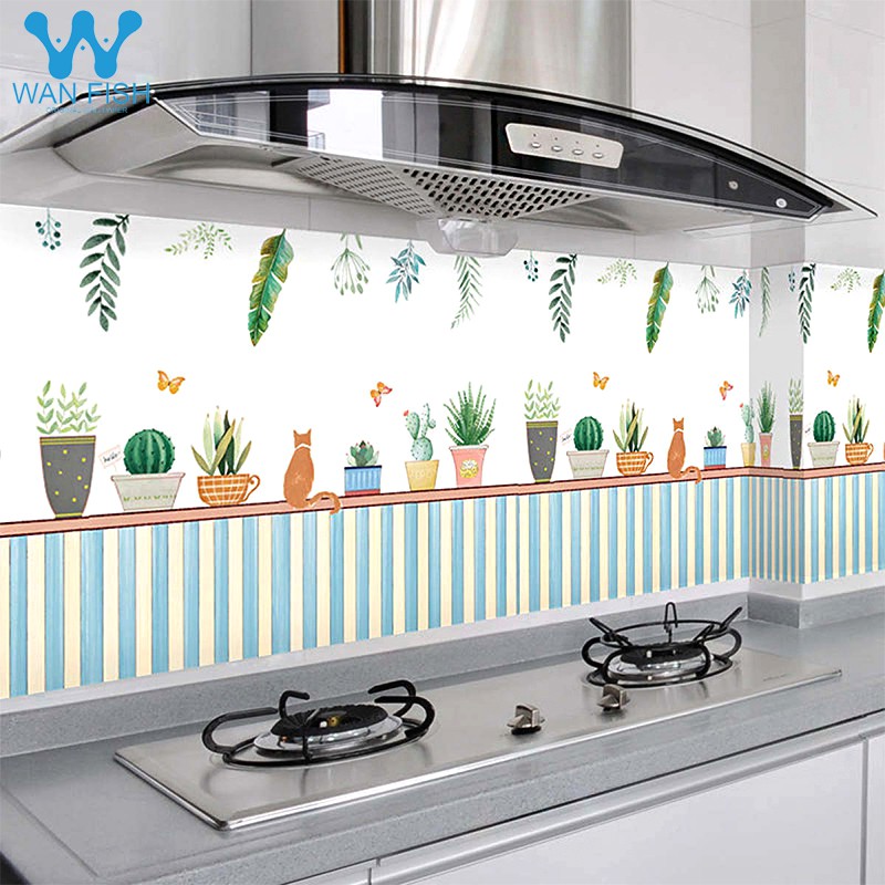 WANFISH blue yellow stripes kitchen foil wallpaper fireproof wall decor waterproof self adhesive