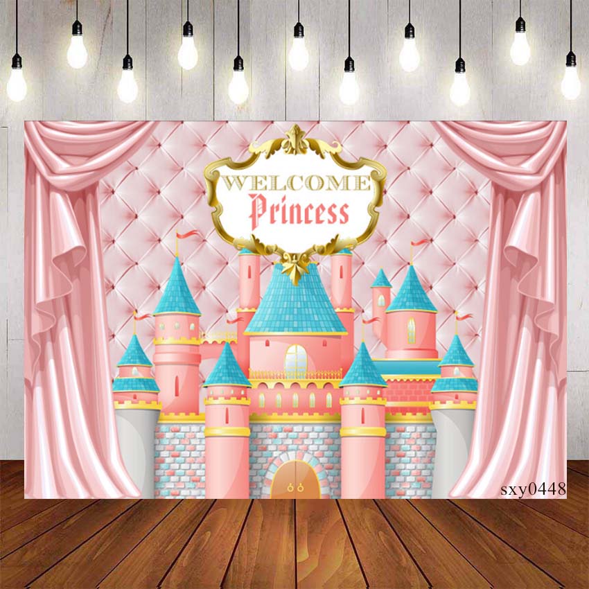Pink Princess Castle Backdrop For Photography Baby Shower Kids Pink