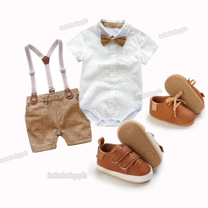 Baby Boy Outfit White Romper with Bow Tie Brown Shorts Set Christening