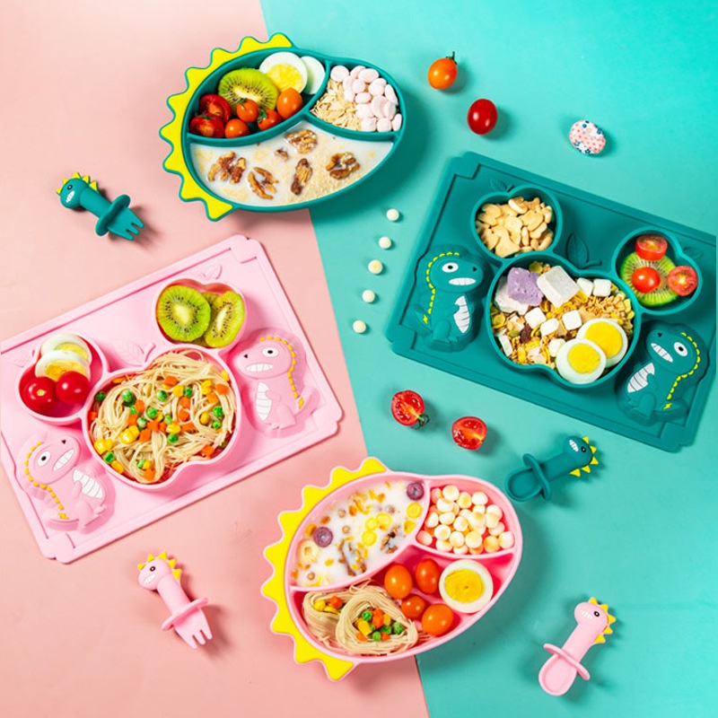 IBaby Baby Plate Set Silicone Dinosaur Baby Food Plate & Fork & Spoon