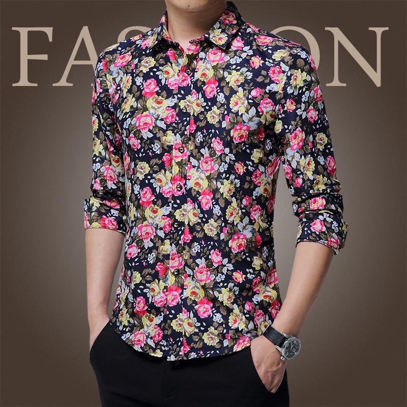 Mens Slim Fit Sleeve Trend Casual Flower Shirt Men Retro Design Casual