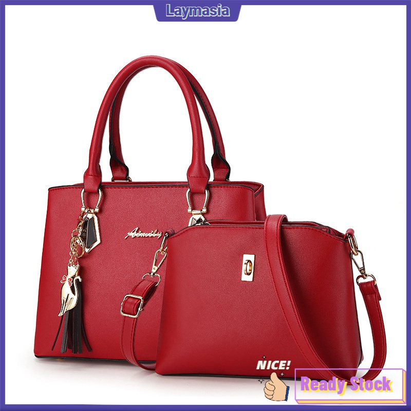 Fashion Handbag 2In1 Hard Pu Lather [Free Cat Keychain] women's handbag set 女包 WB409 Shopee